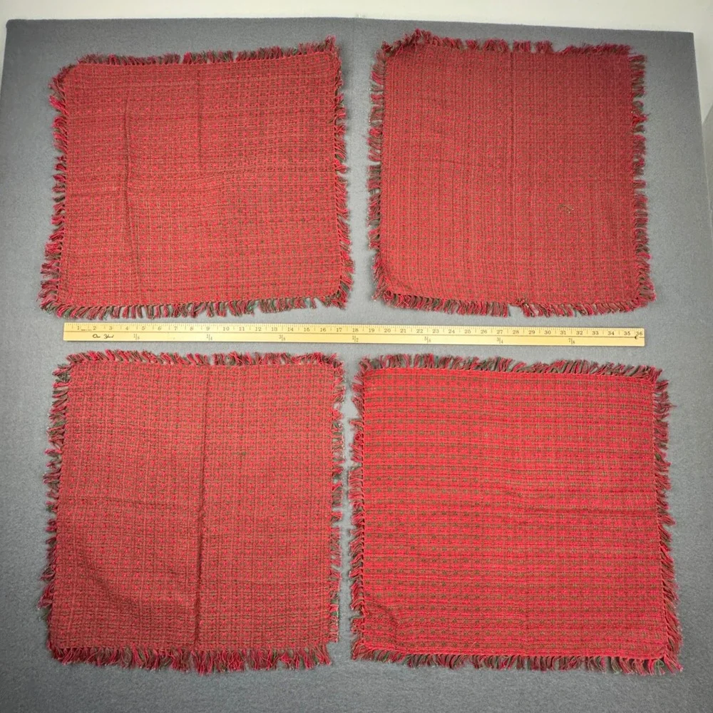4 square red and green cotton hand woven in India placemats Christmas holiday
